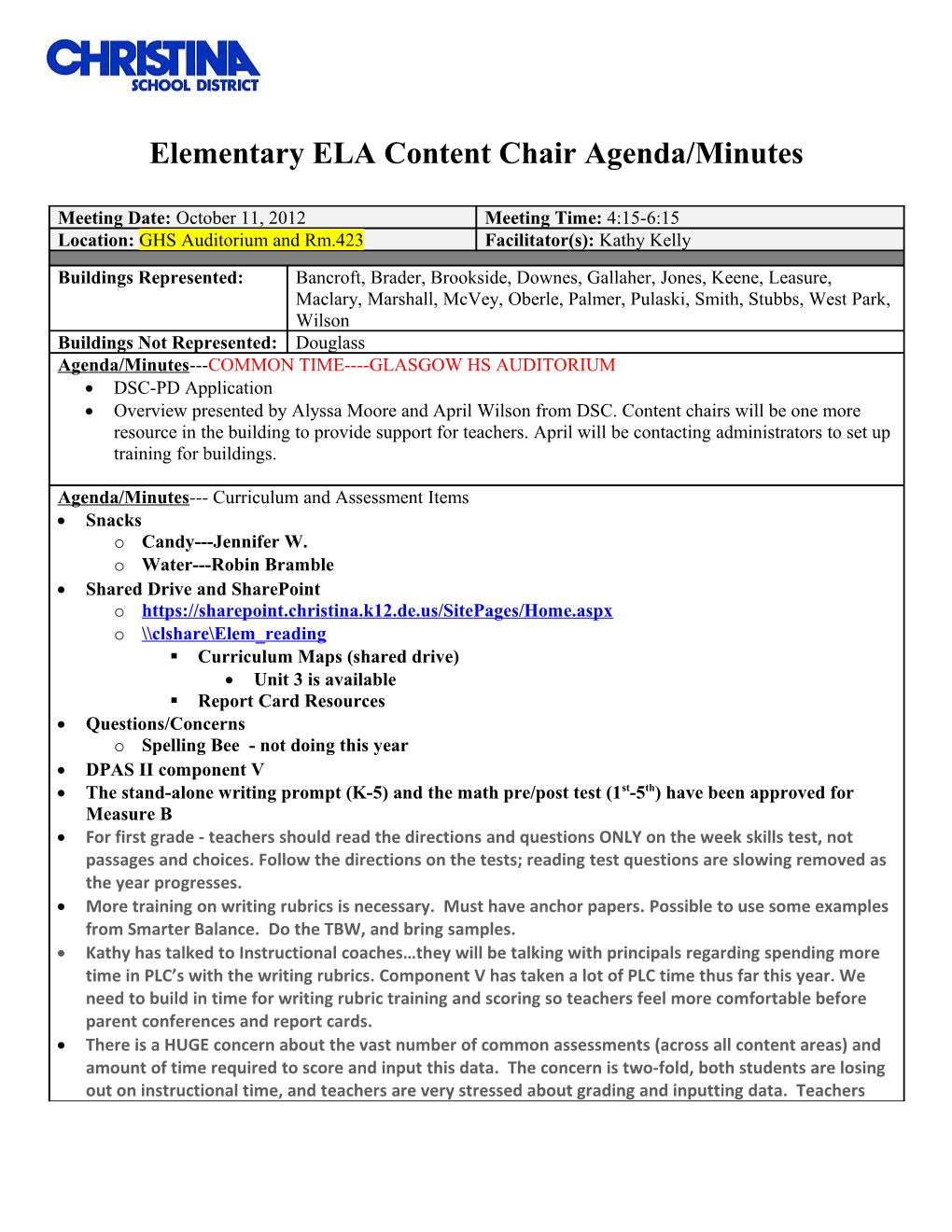 Elementary ELA Content Chair Agenda/Minutes