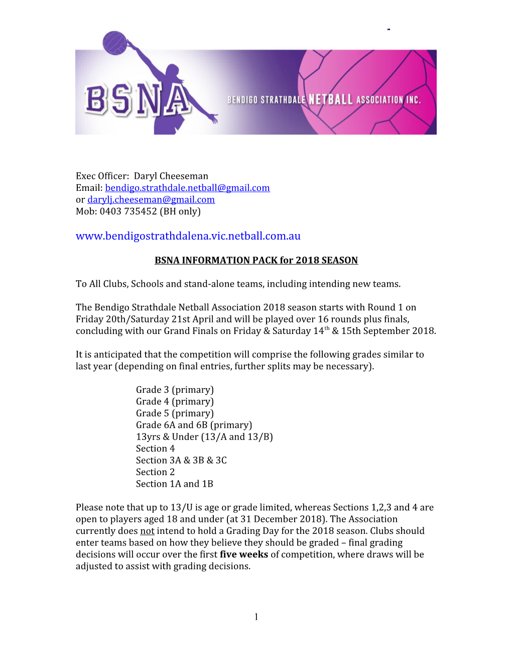 BSNA INFORMATION PACK for 2018SEASON