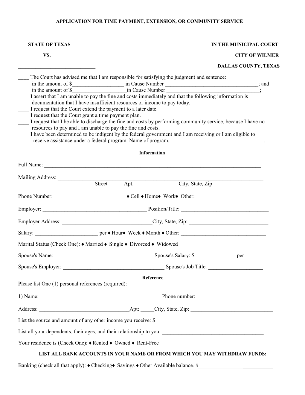 Application for Time Payment, Extension, Or Community Service