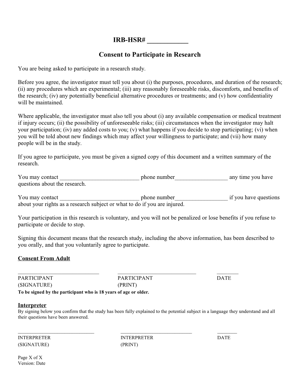 Sample Short Form Written Consent Document for Subjects Who Do Not Speak English