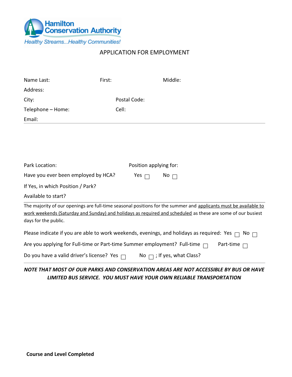 Hca Application for Summer Employment
