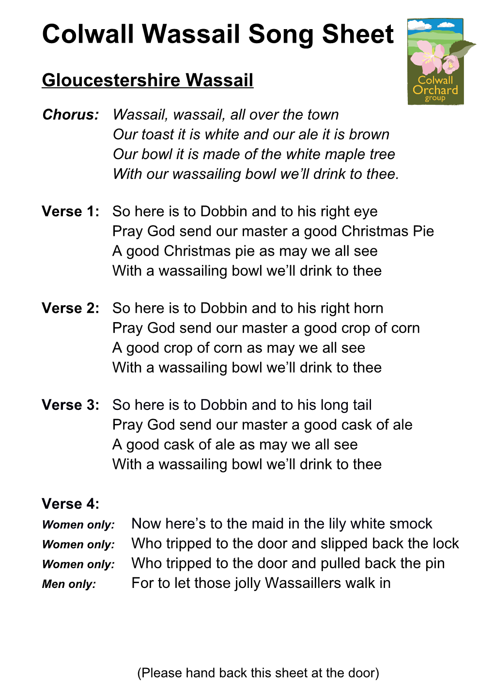 Colwall Wassail Song Sheet