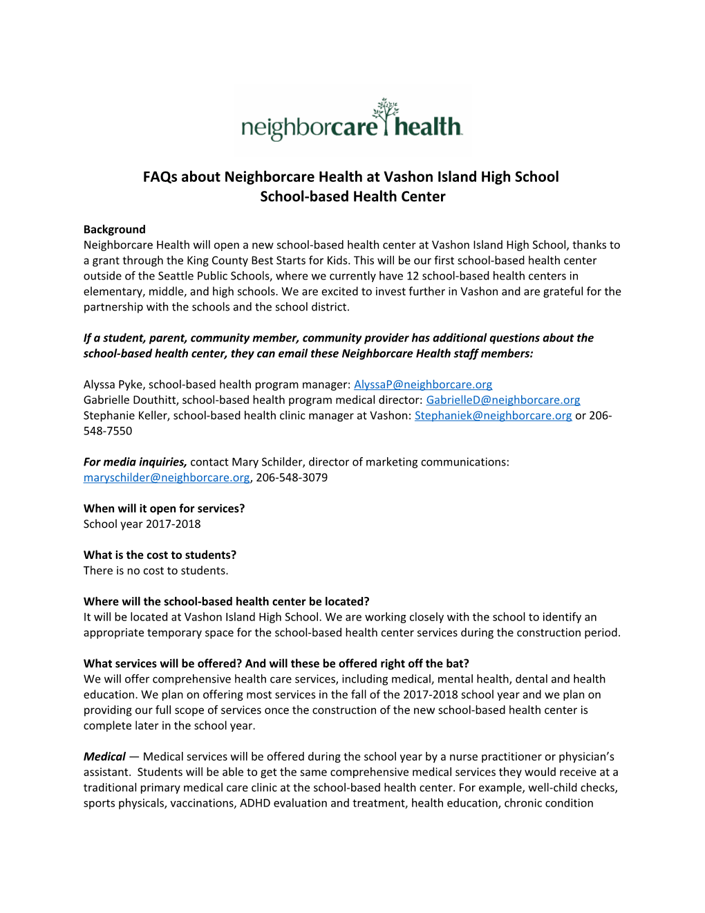 Faqs About Neighborcare Health at Vashon Island High School
