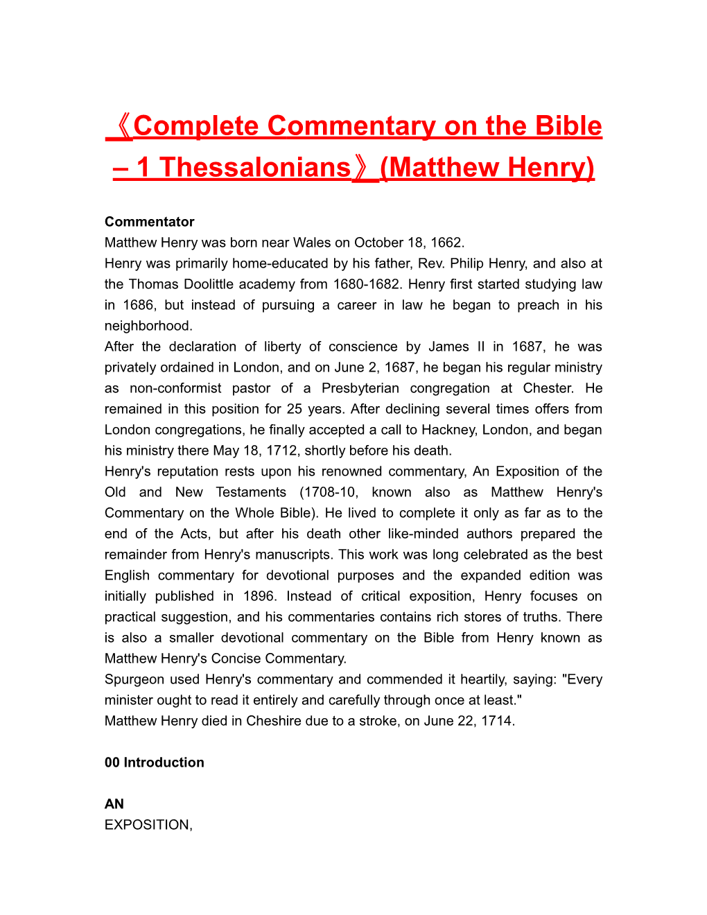Completecommentary on the Bible 1 Thessalonians (Matthew Henry)