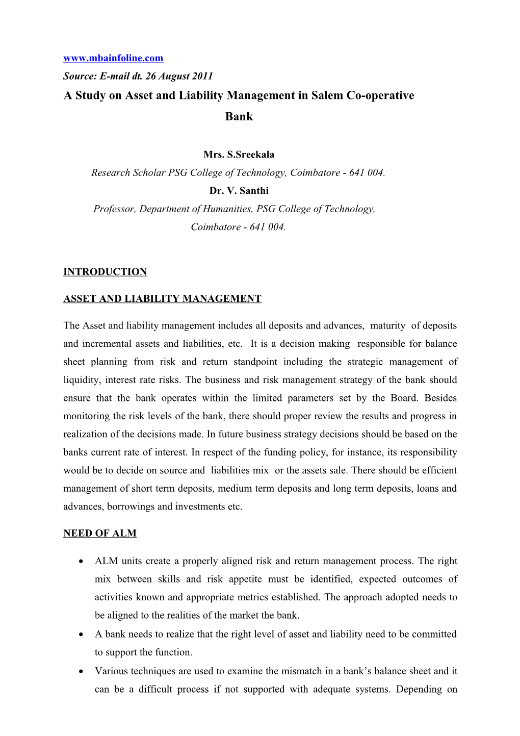 A Study on Asset and Liability Management in Salem Co-Operative Bank