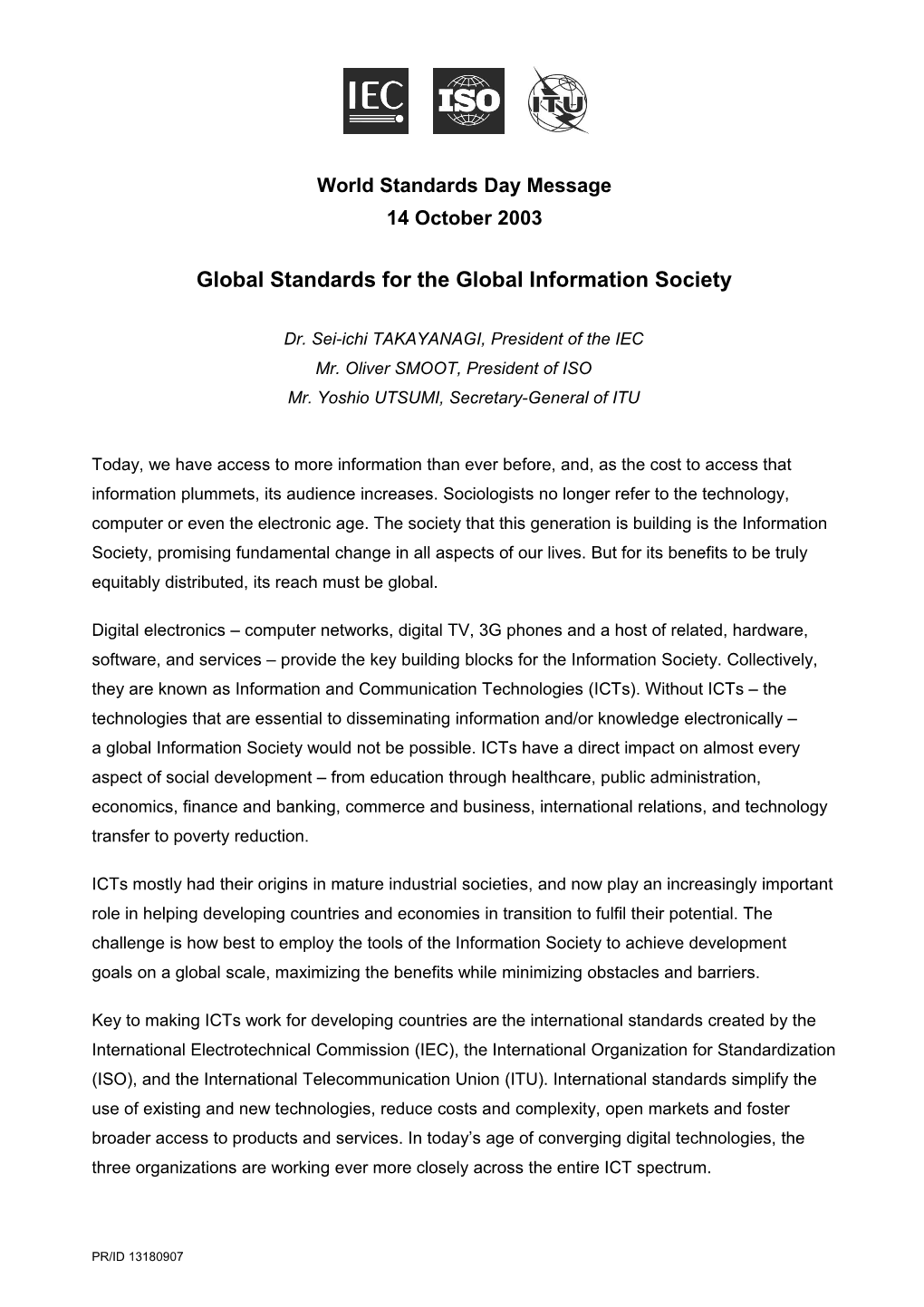 World Standards Day Message: Global Standards for the Global Information Society