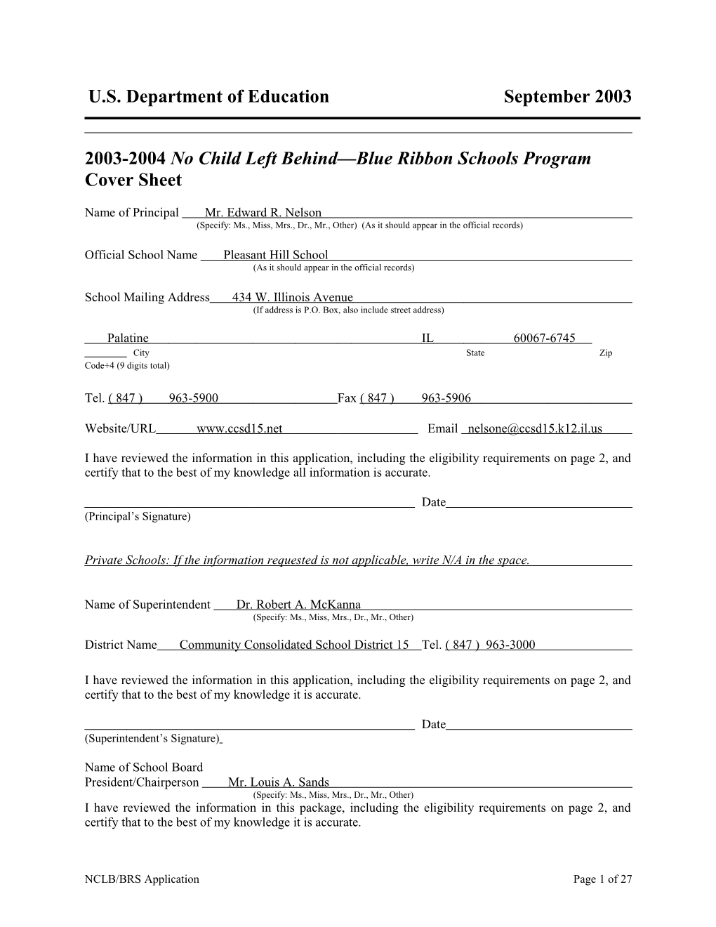 Pleasant Hill Elementary School 2004 No Child Left Behind-Blue Ribbon School Application