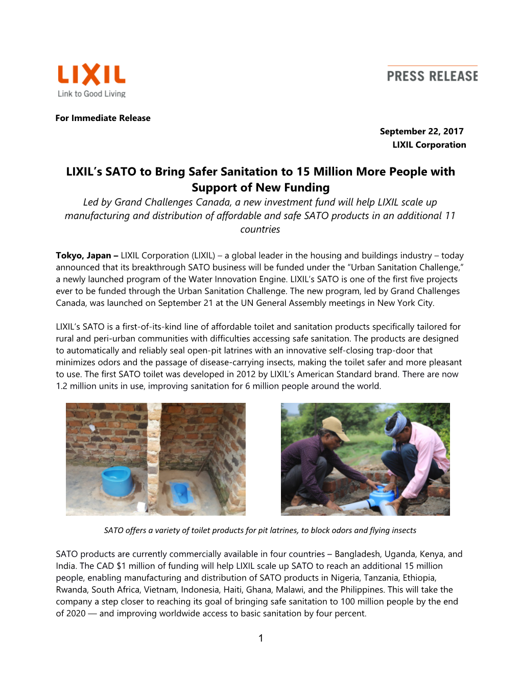 LIXIL S SATO to Bring Safer Sanitation to 15 Millionmore People Withsupport of New Funding