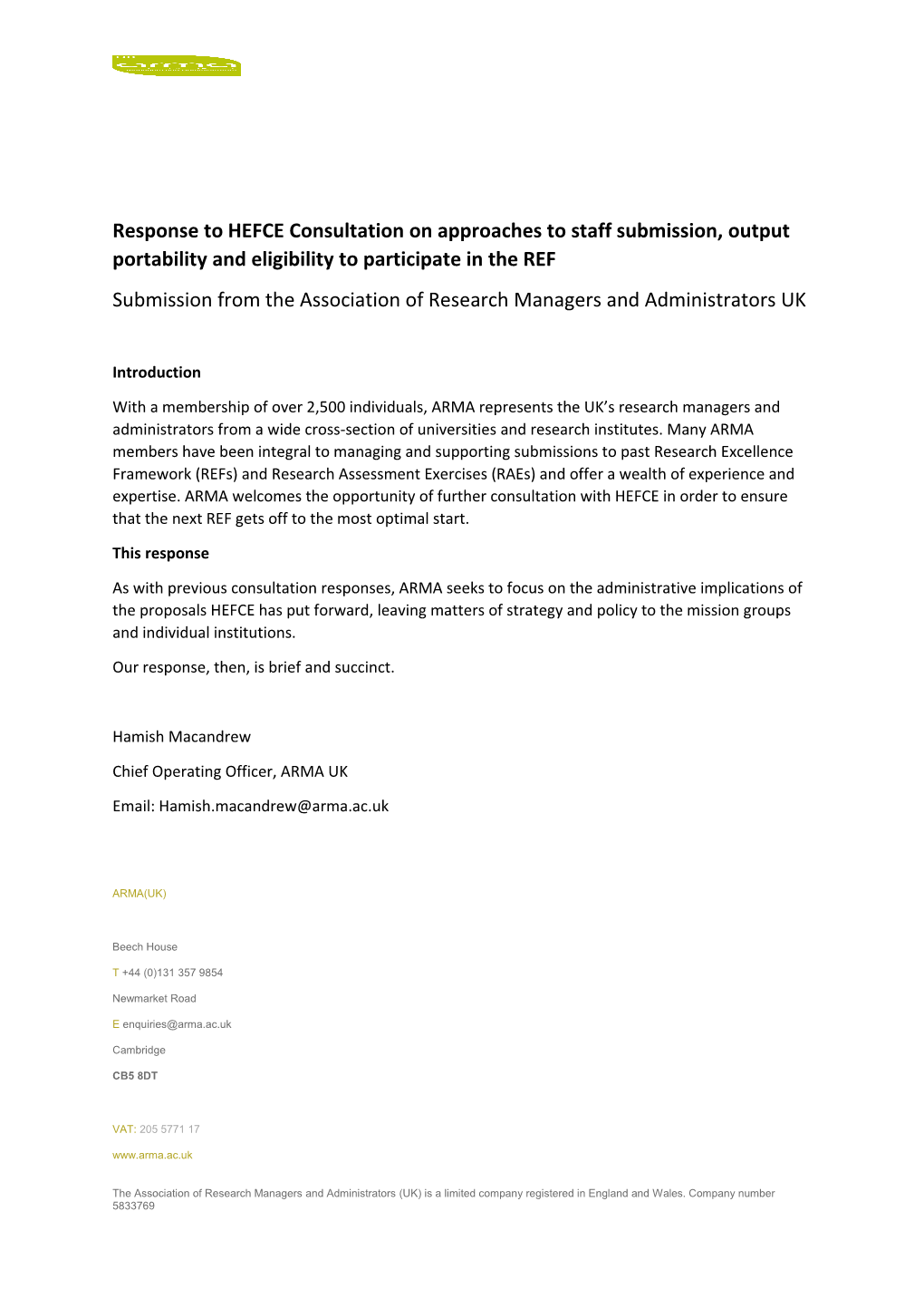 Response to HEFCE Consultation on Approaches to Staff Submission, Output Portability And