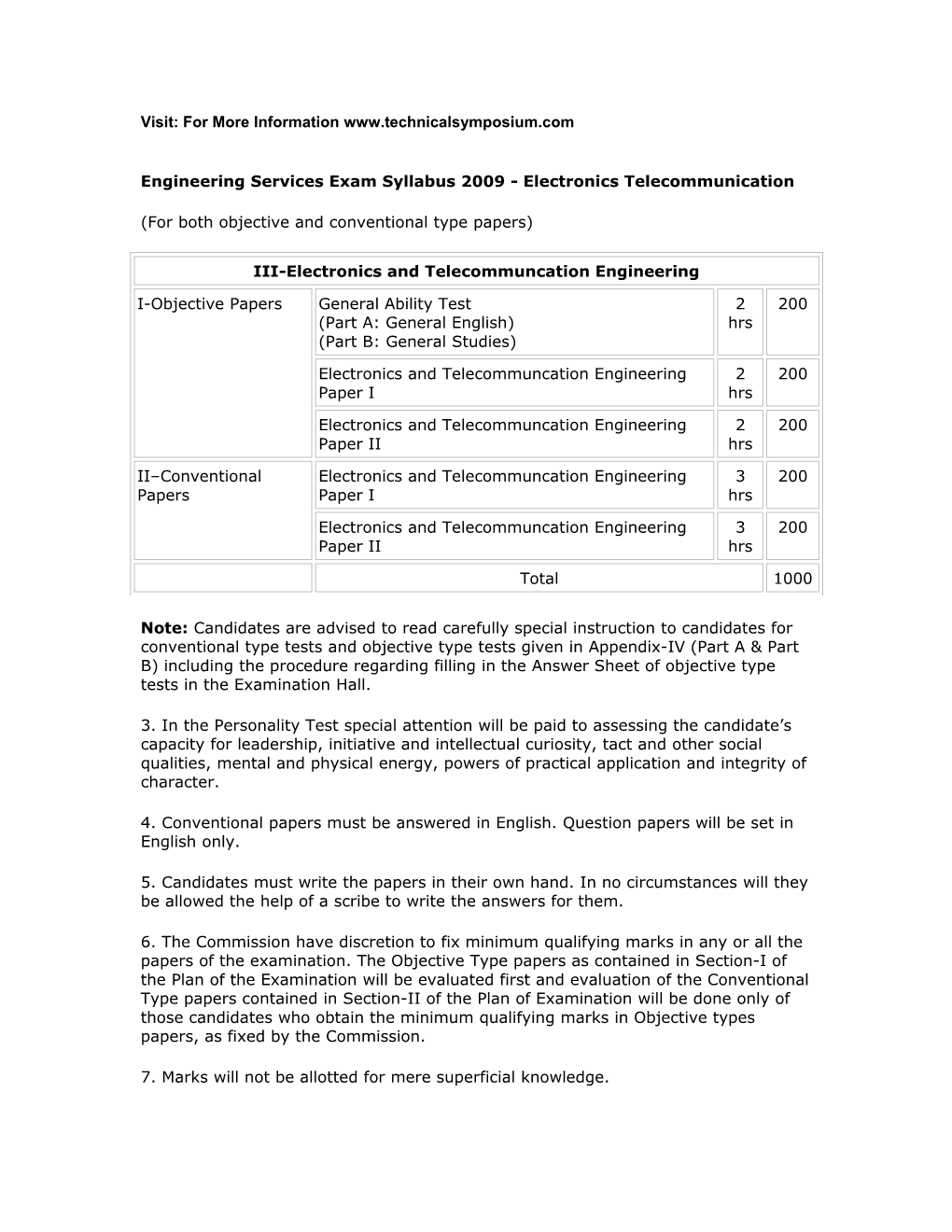Engineering Services Exam Syllabus 2009 - Electronics Telecommunication