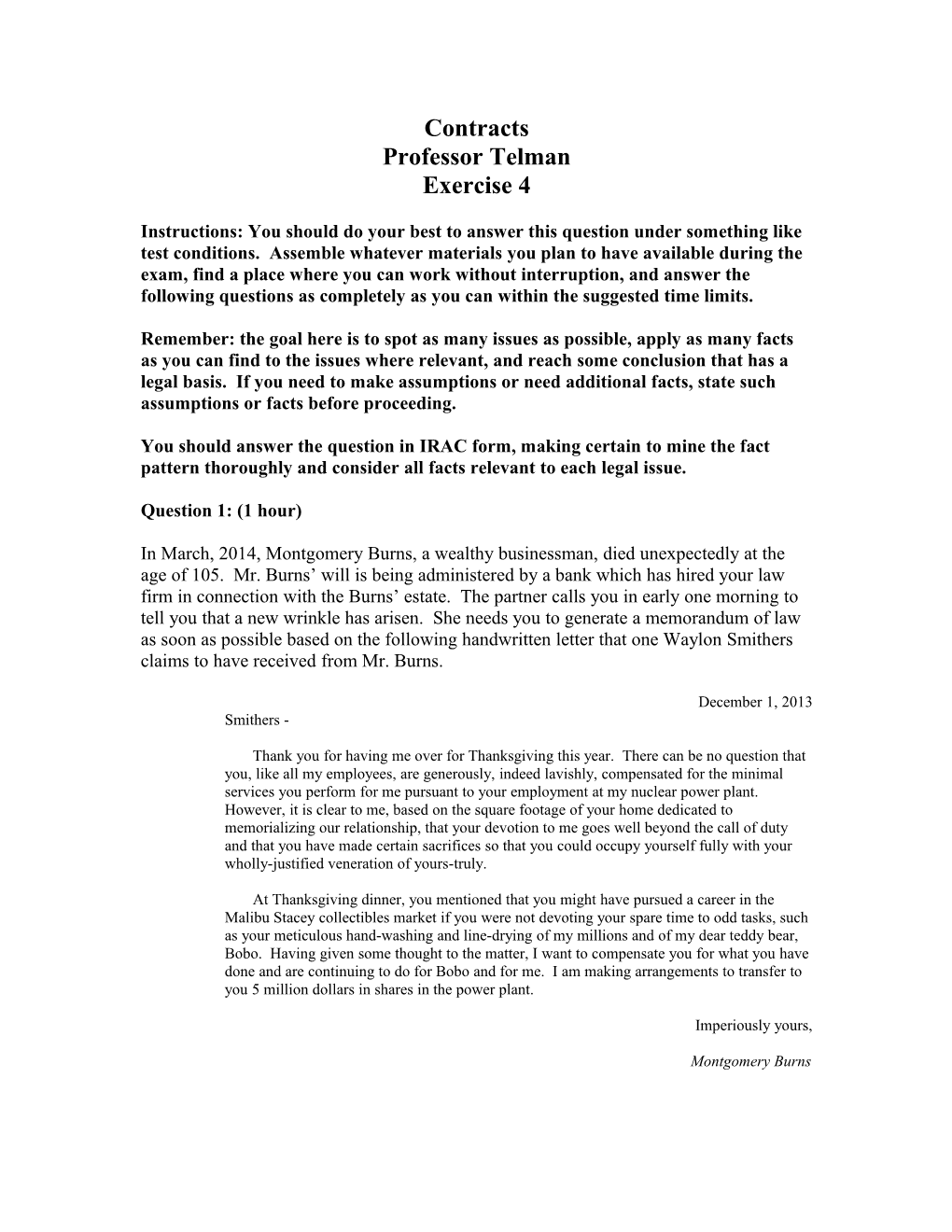 Contracts Professor Telman Exercise 4