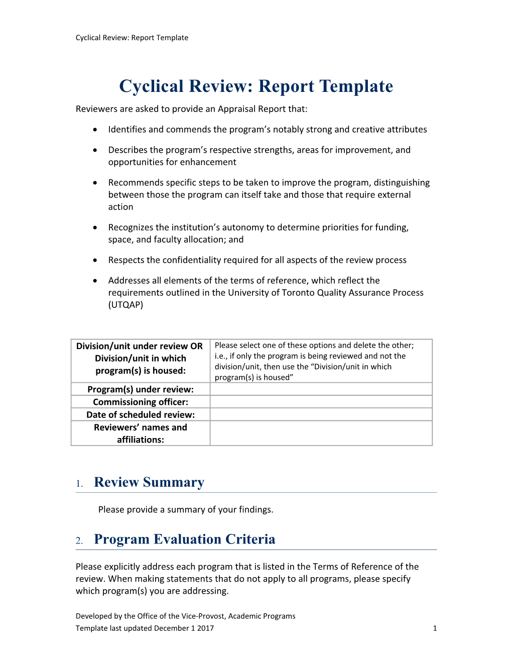 Cyclical Review: Report Template