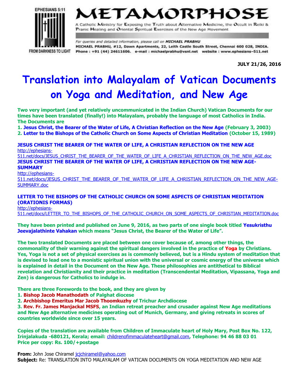 Translation Into Malayalam of Vatican Documents on Yoga and Meditation, and New Age
