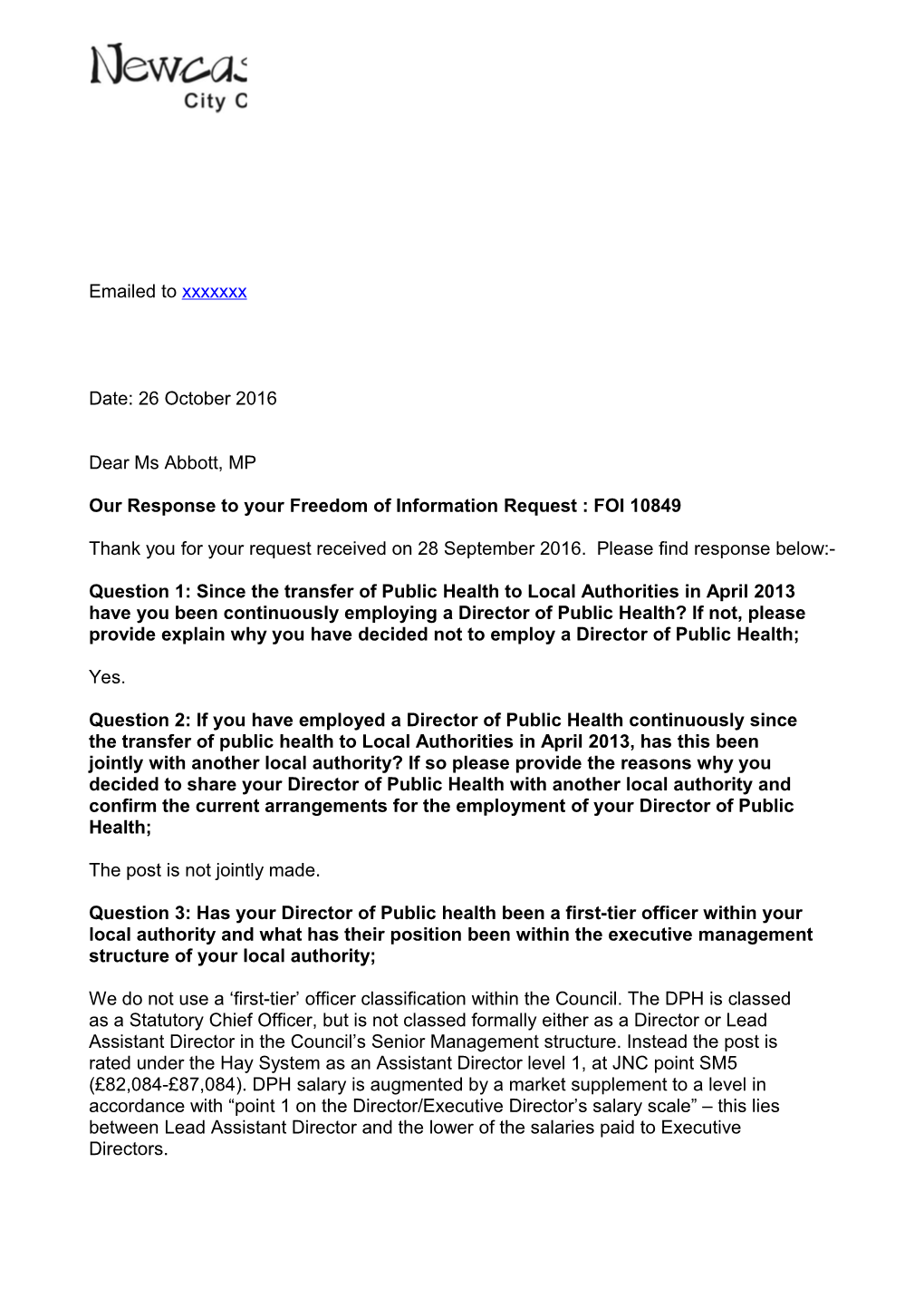 Our Response to Your Freedom of Information Request : FOI 10849