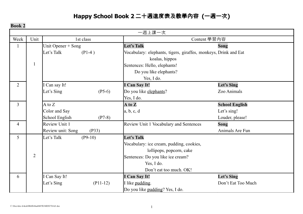 Happy School Book 2二十週進度表及教學內容 (一週一次)