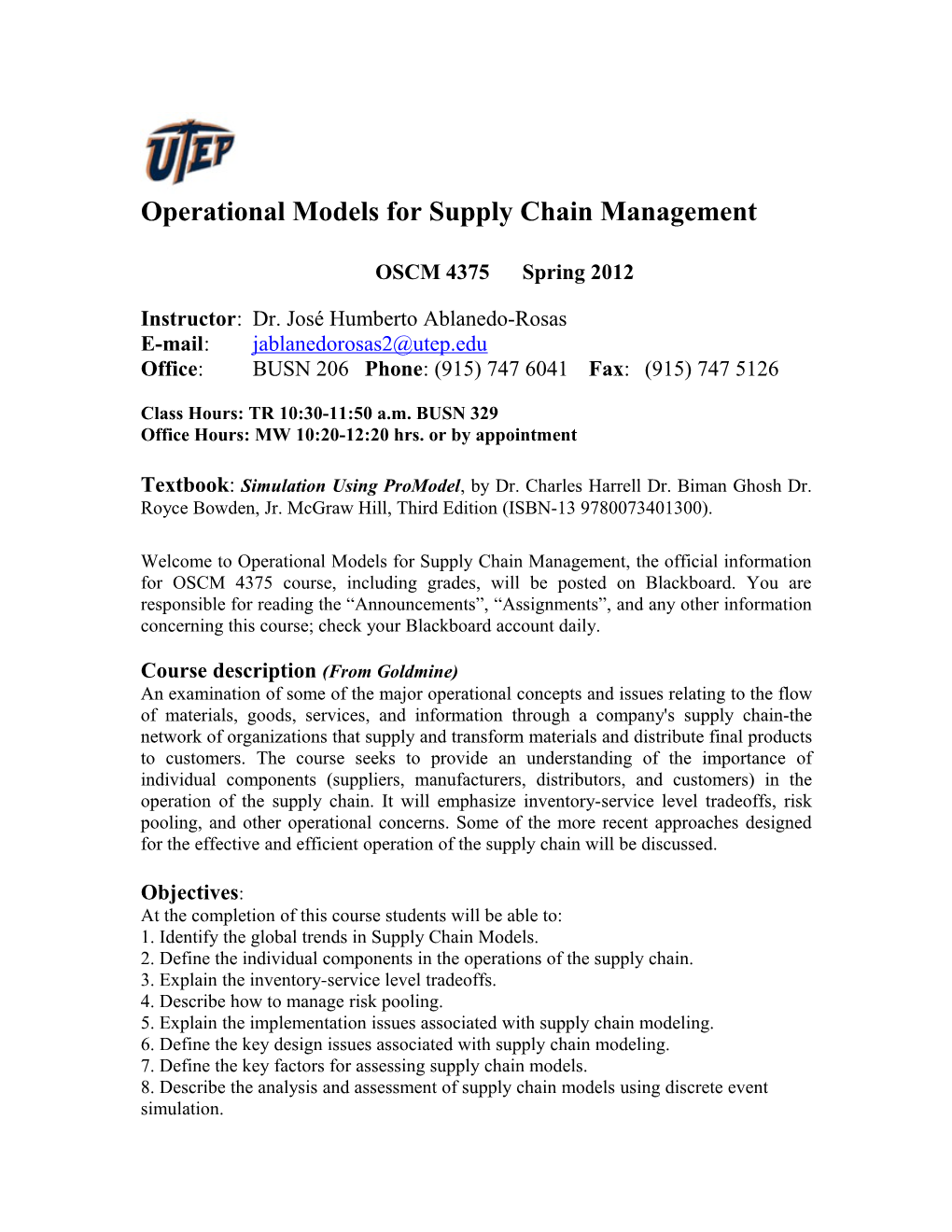 Operational Models for Supply Chain Management