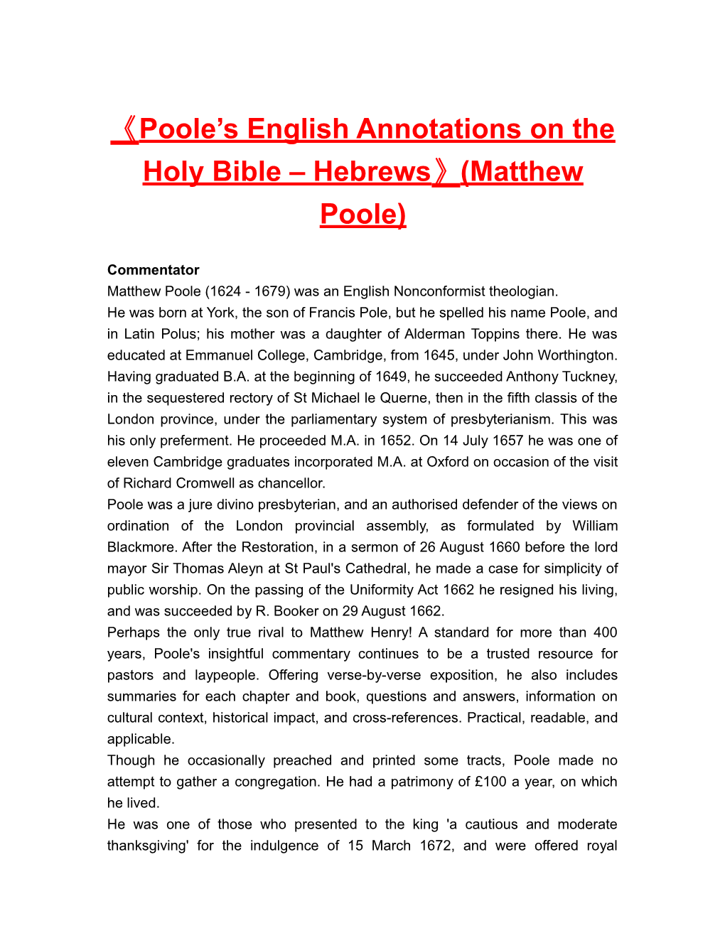 Poole S English Annotationson the Holy Bible Hebrews (Matthew Poole)