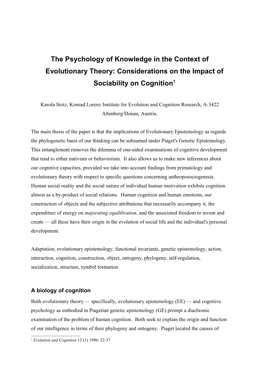 The Psychology of Knowledge in the Context of Evolutionary Theory