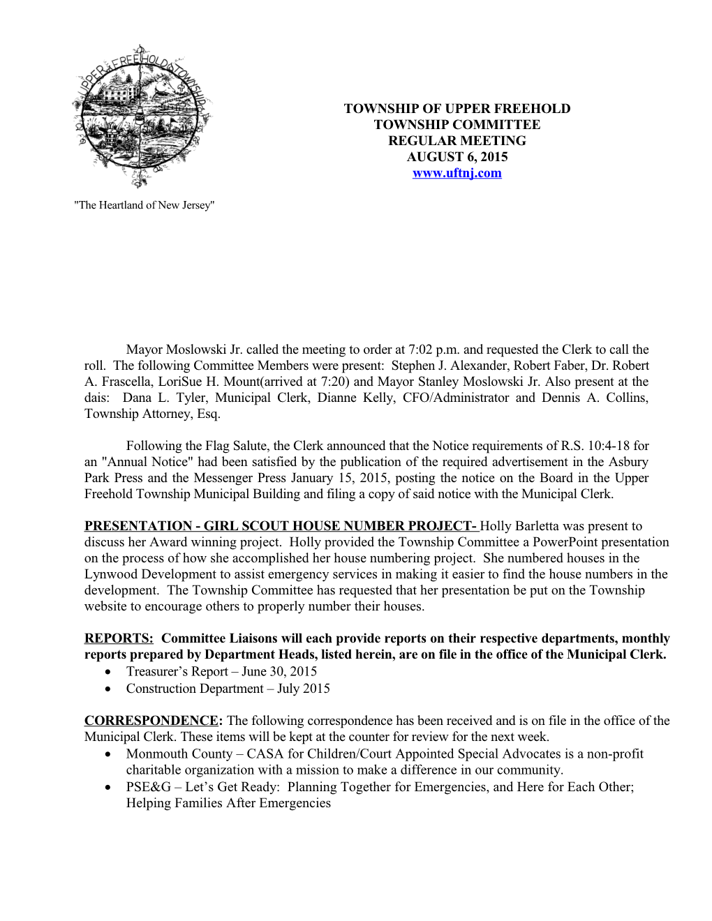 Upper Freehold Township Committee Regular Meeting August 6, 2015