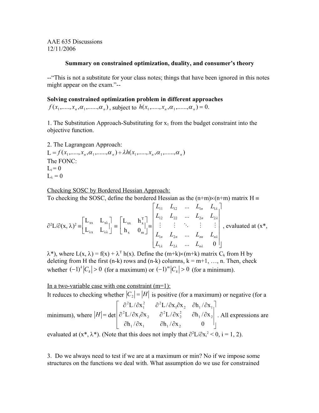 Summary on Constrained Optimization, Duality, Consumer S Theory