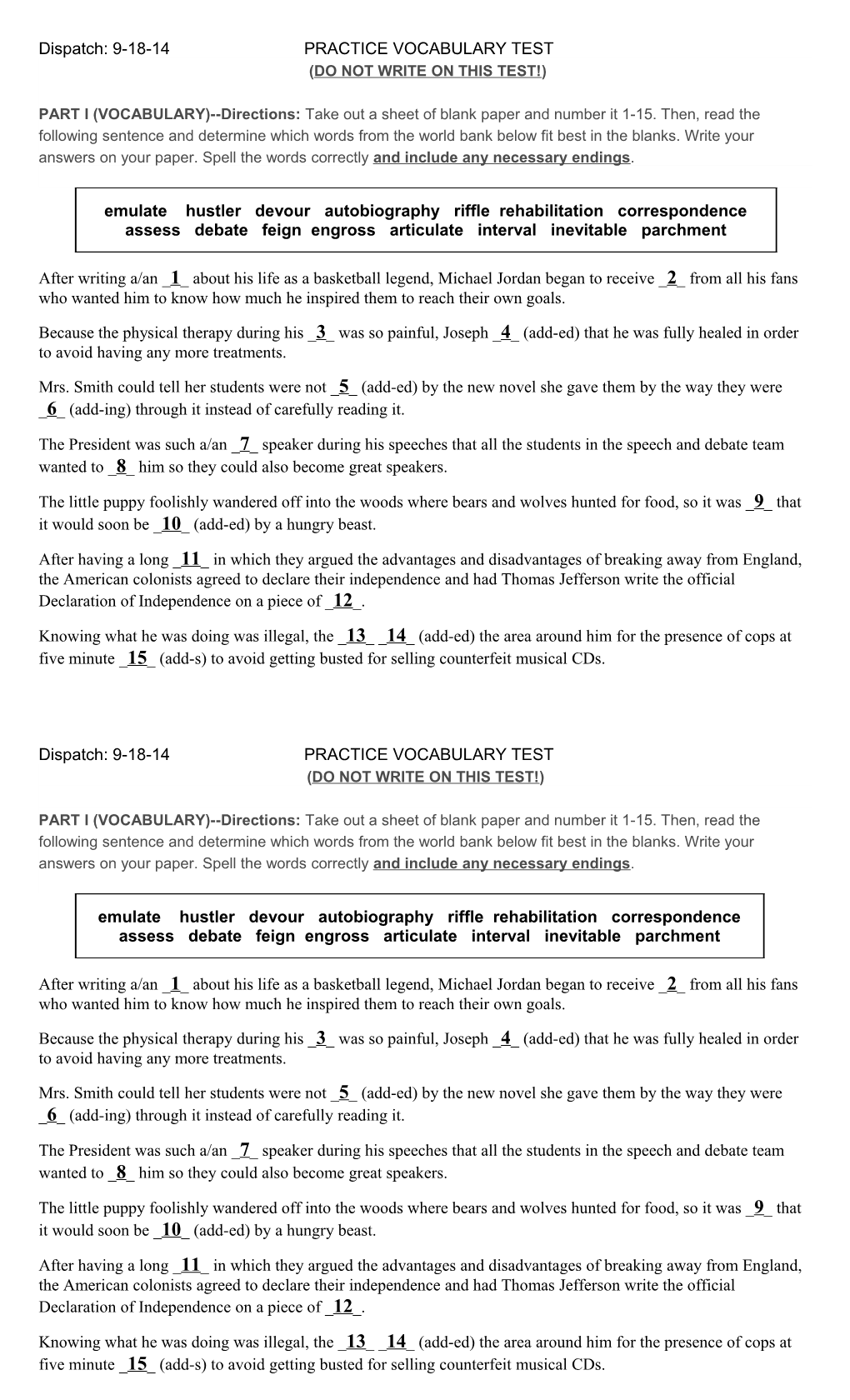 Dispatch: 9-18-14 PRACTICE VOCABULARY TEST