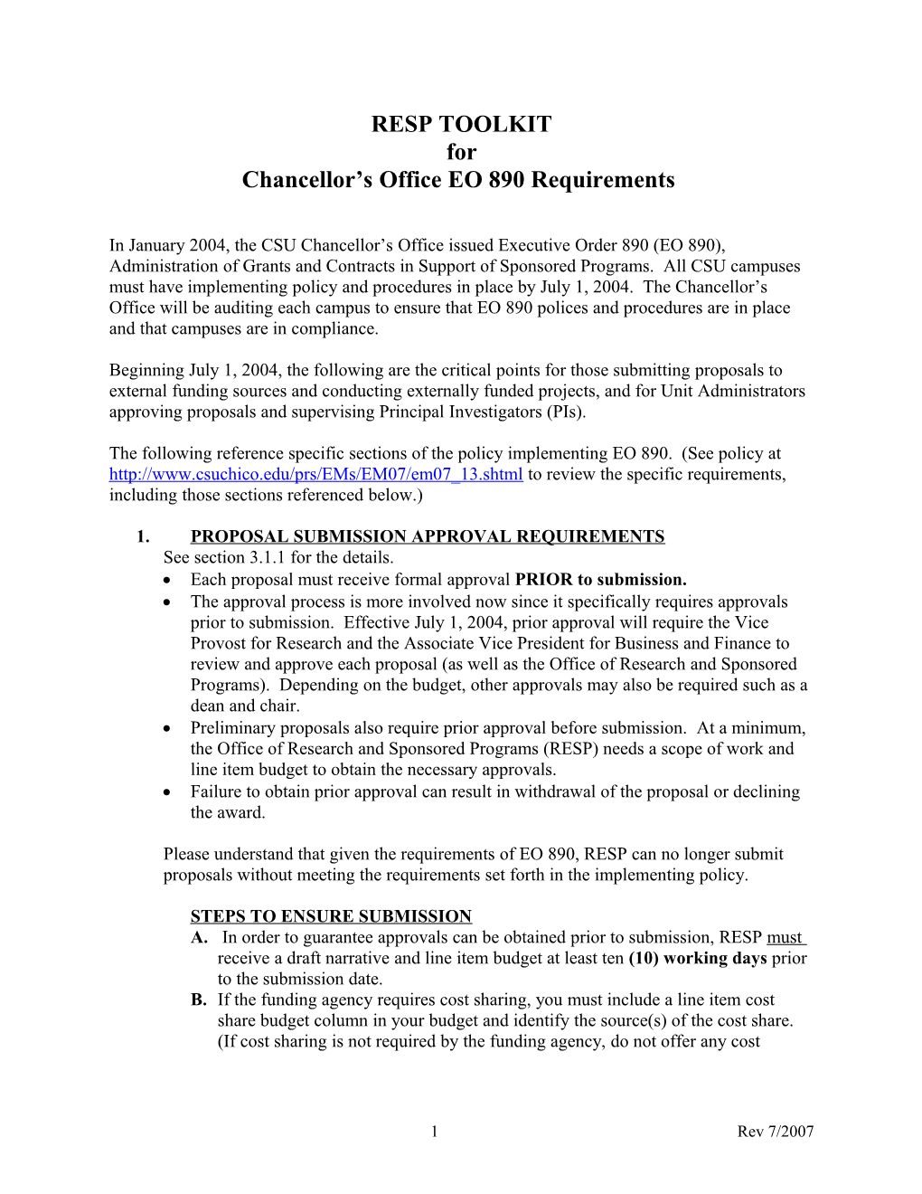 Chancellor S Office EO 890 Requirements