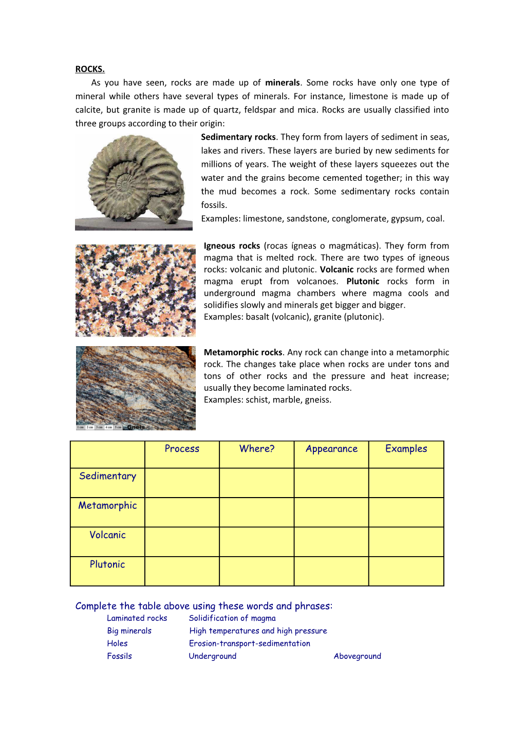 Examples: Limestone, Sandstone, Conglomerate, Gypsum, Coal