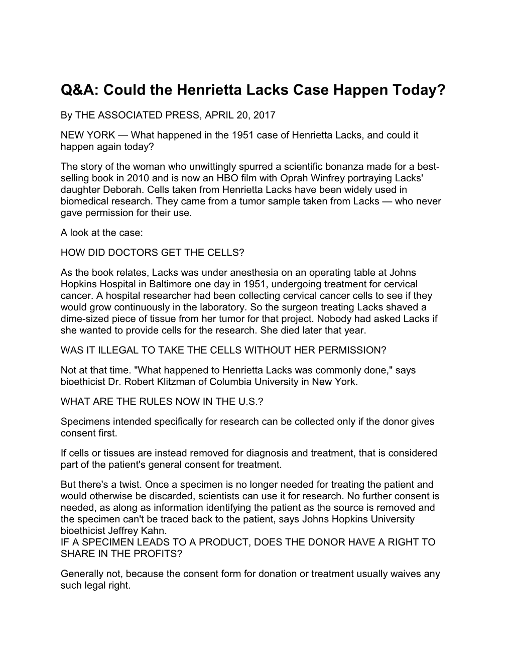 Q&A: Could the Henrietta Lacks Case Happen Today?