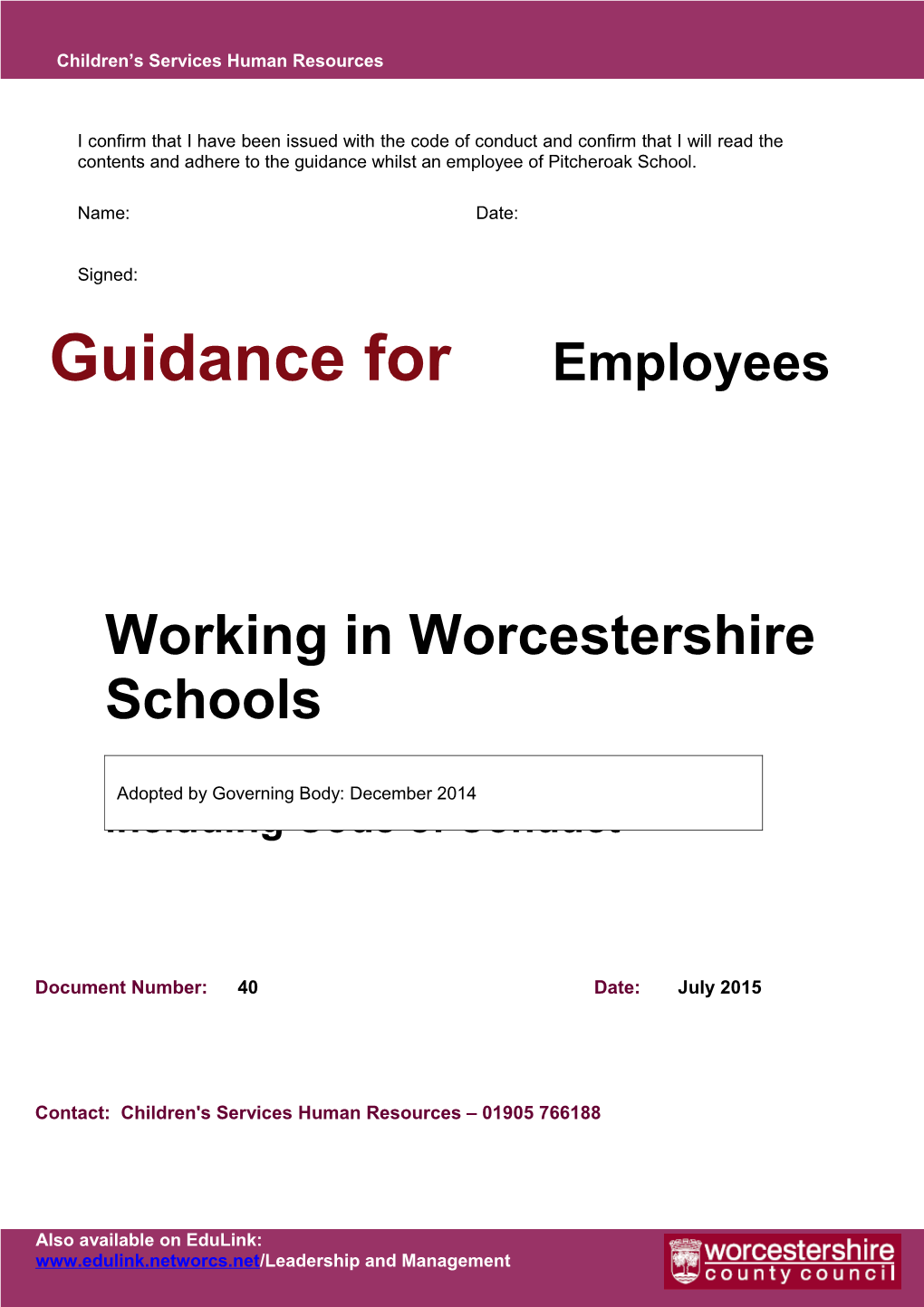 Working in Worcestershire Schools July 2015