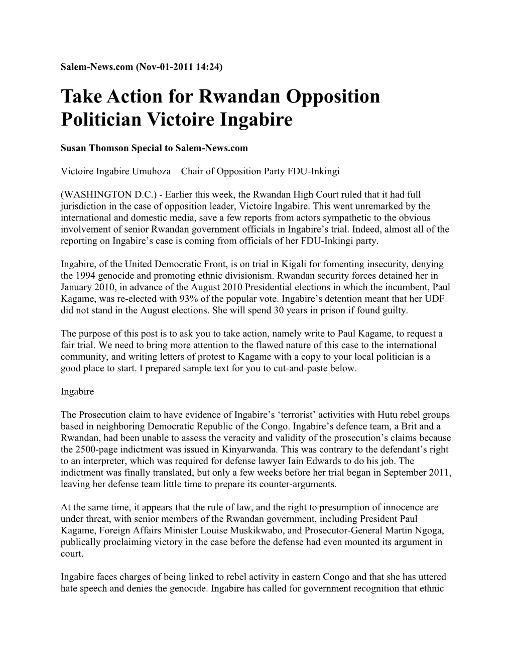 Take Action for Rwandan Opposition Politician Victoire Ingabire