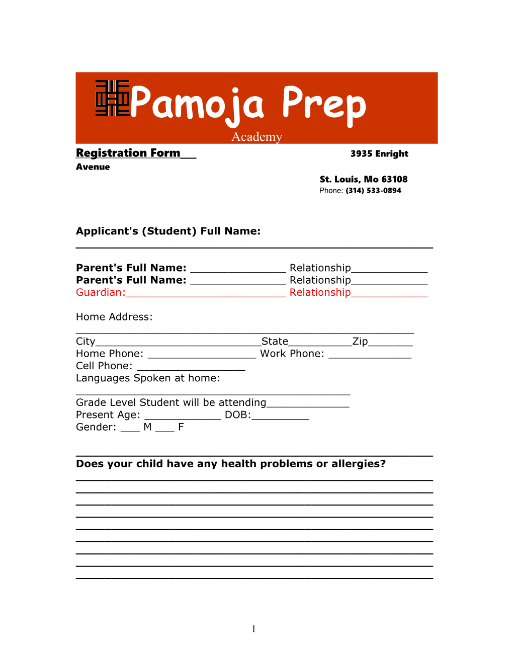 Registration Form 3935 Enright Avenue