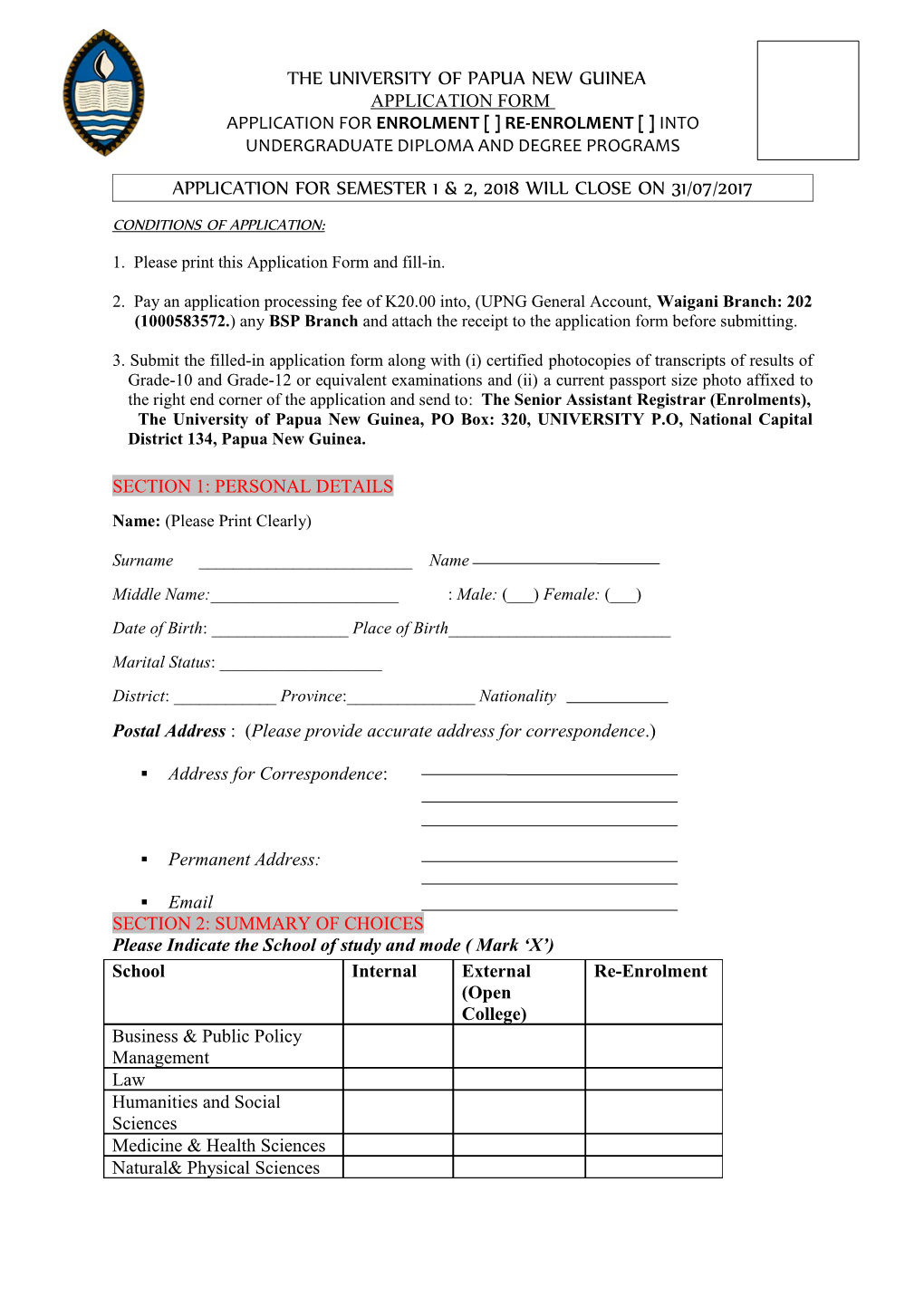 Application for Enrolment Re-Enrolment Into