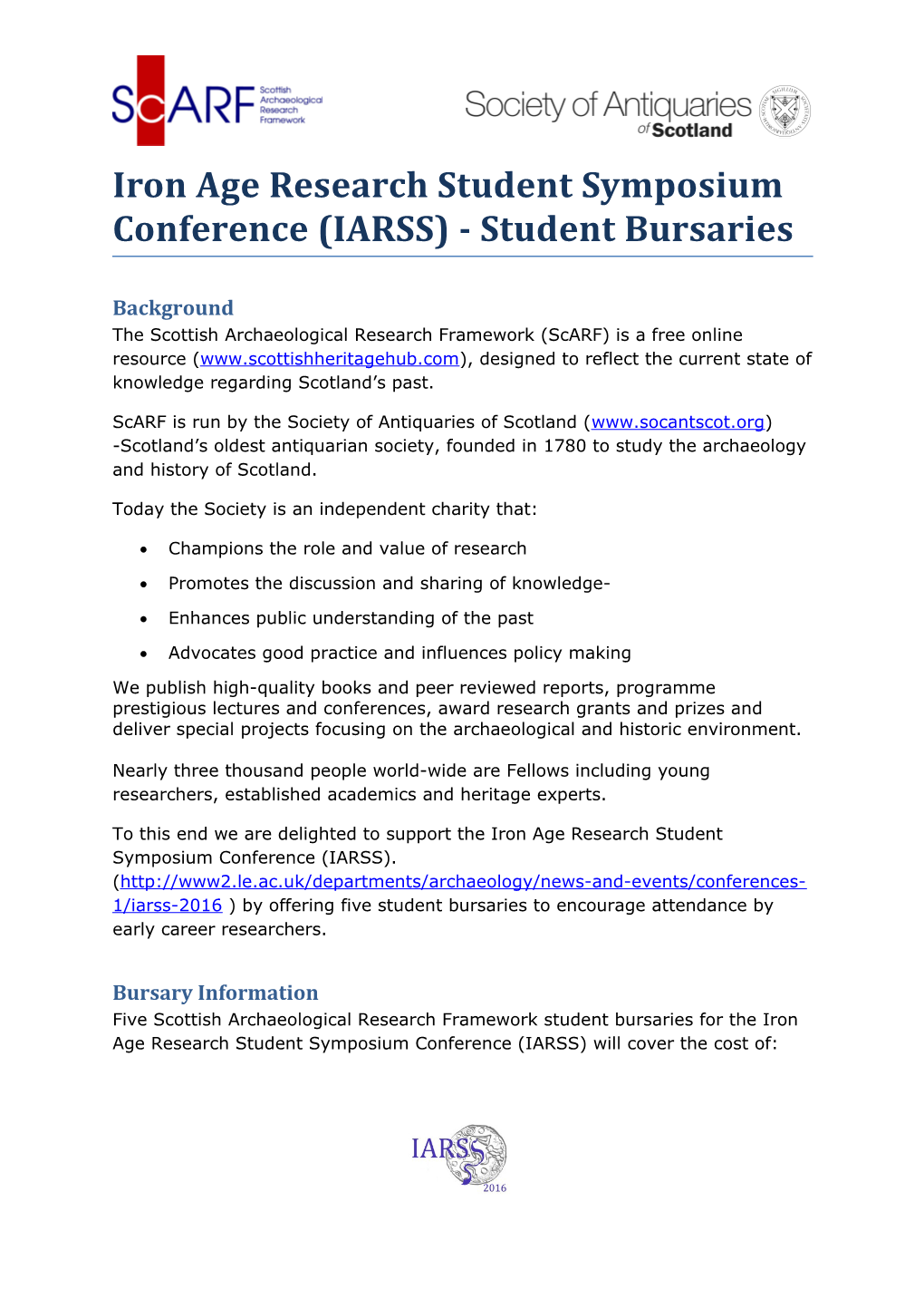 Iron Age Research Student Symposium Conference (IARSS) - Student Bursaries