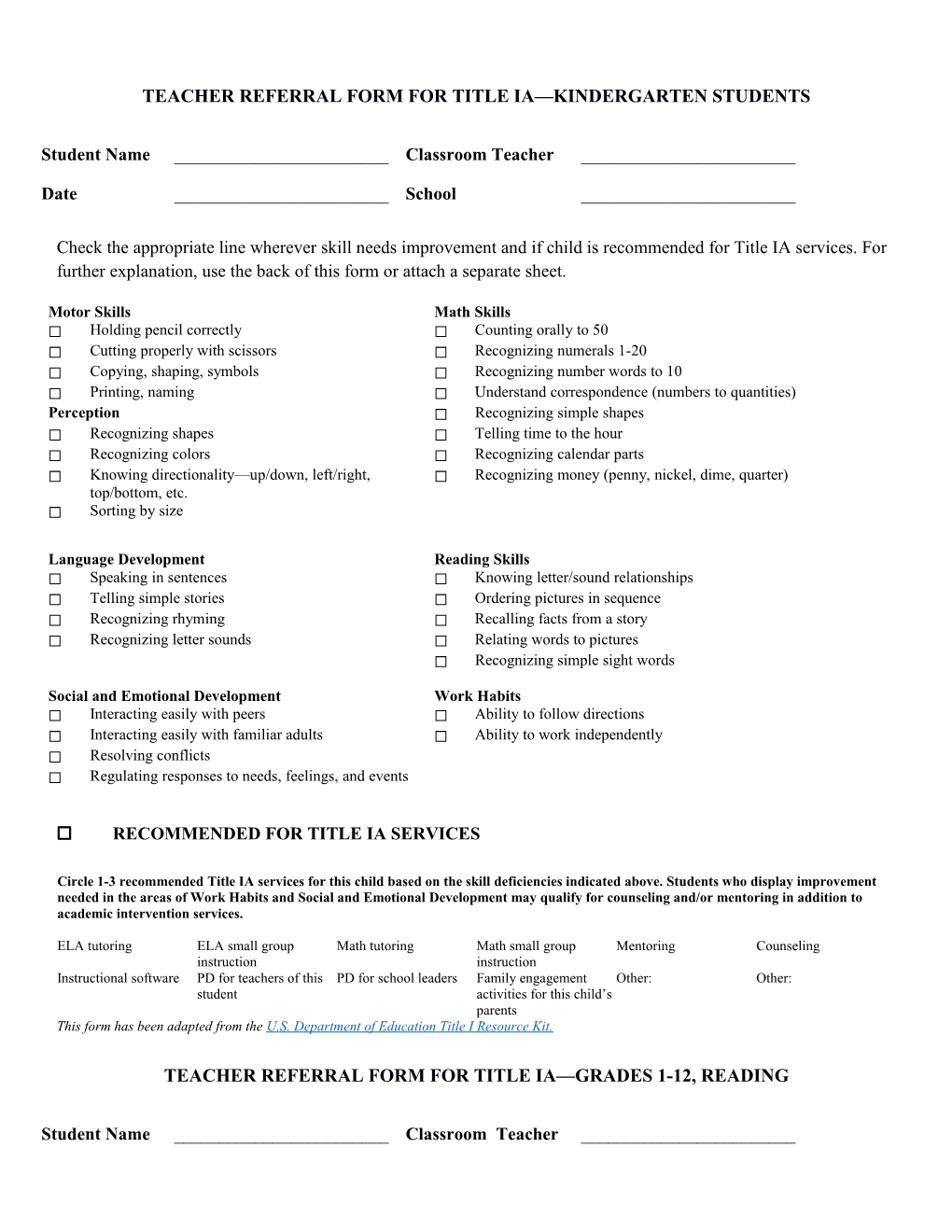 Teacher Referral Form for Title Ia Kindergarten Students