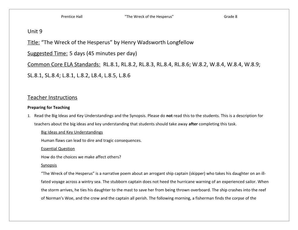 Prentice Hall the Wreck of the Hesperus Grade 8