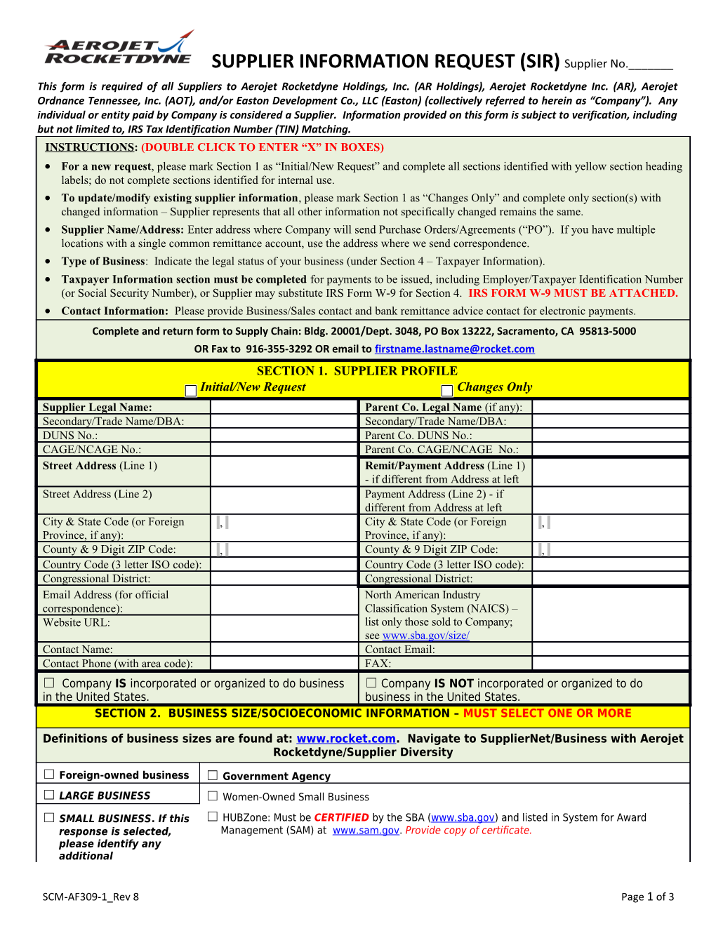 This Form Is Required of All Suppliers to Aerojet Rocketdyne Holdings, Inc. (AR Holdings)