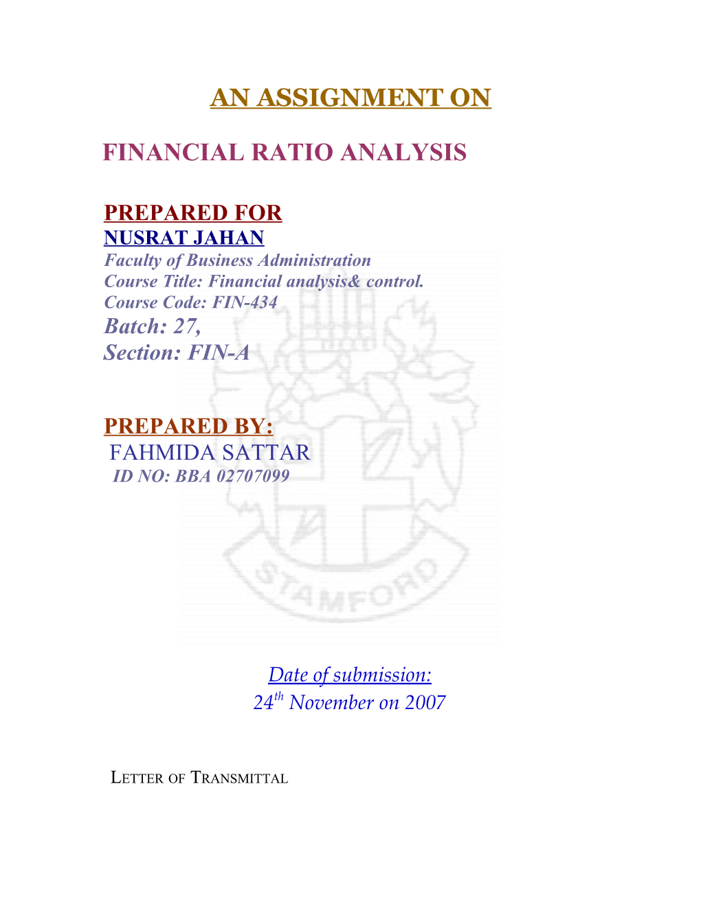 Course Title: Financial Analysis& Control