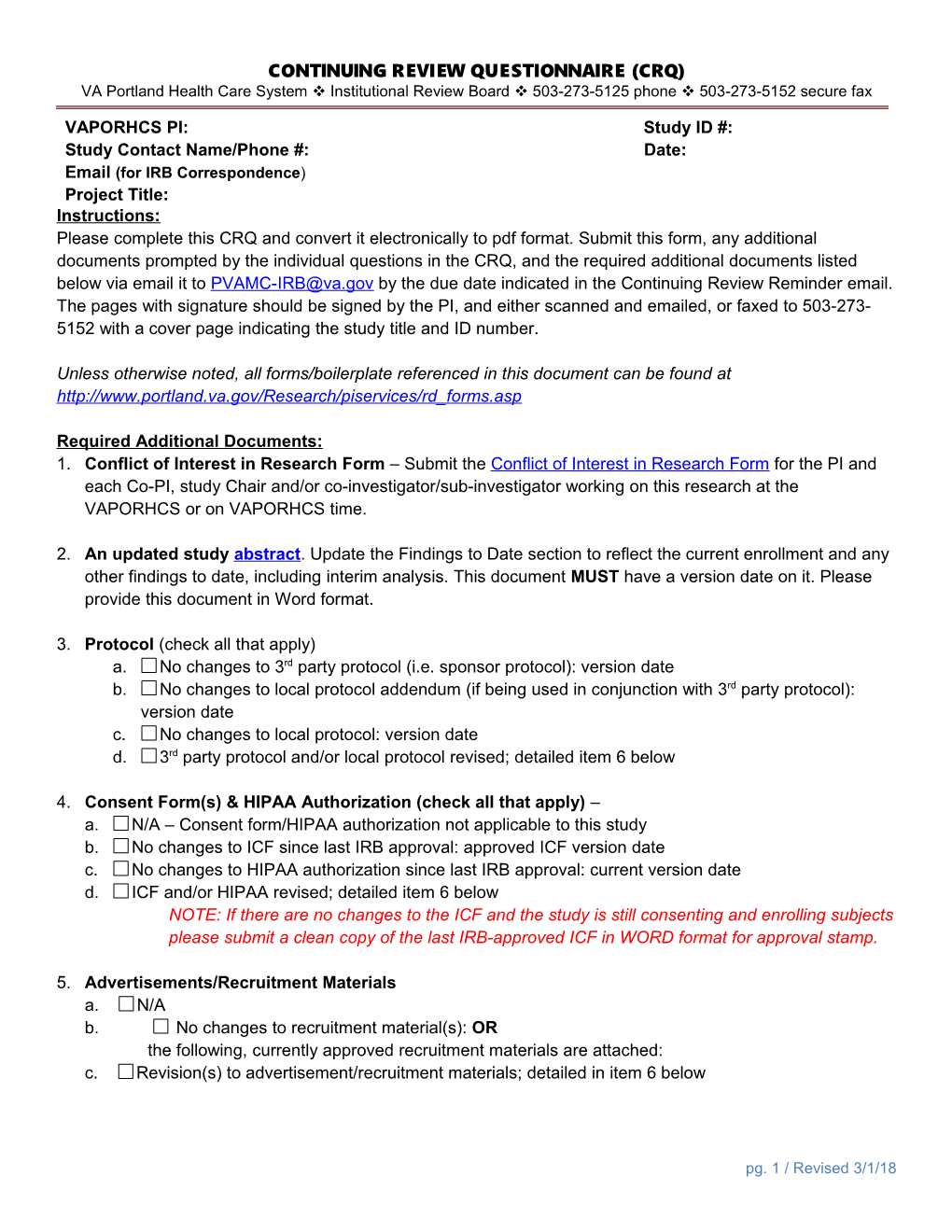 Continuing Review Questionnaire (CRQ) (Portland VA Medical Center)