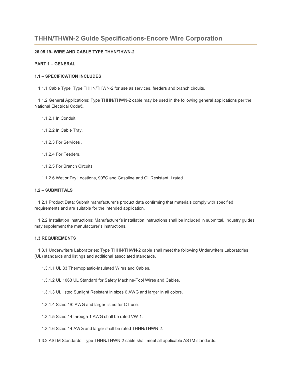 THHN/THWN-2 Guide Specifications-Encore Wire Corporation