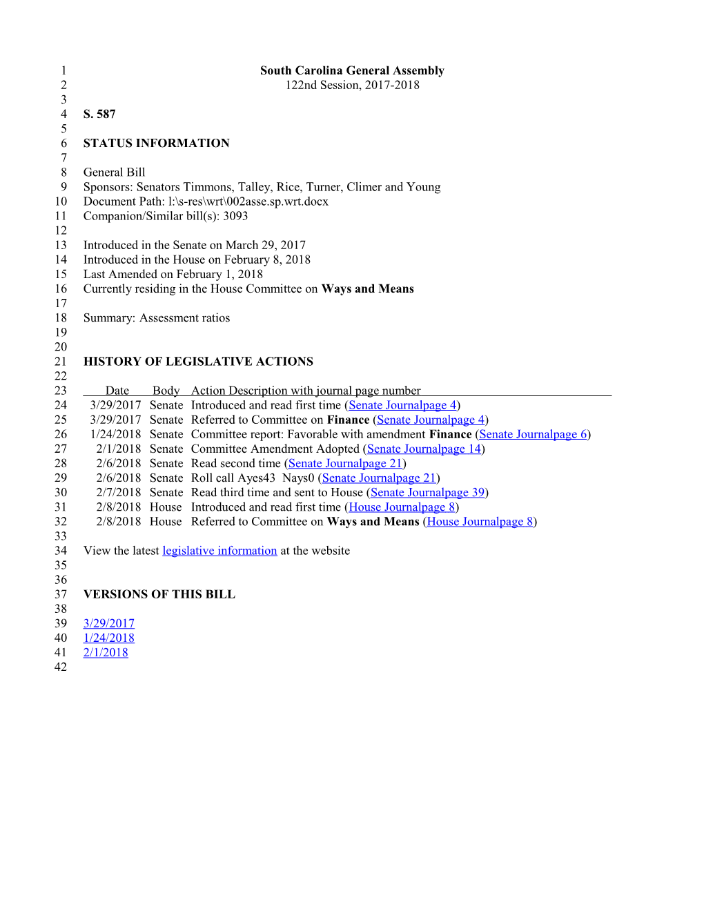 2017-2018 Bill 587: Assessment Ratios - South Carolina Legislature Online