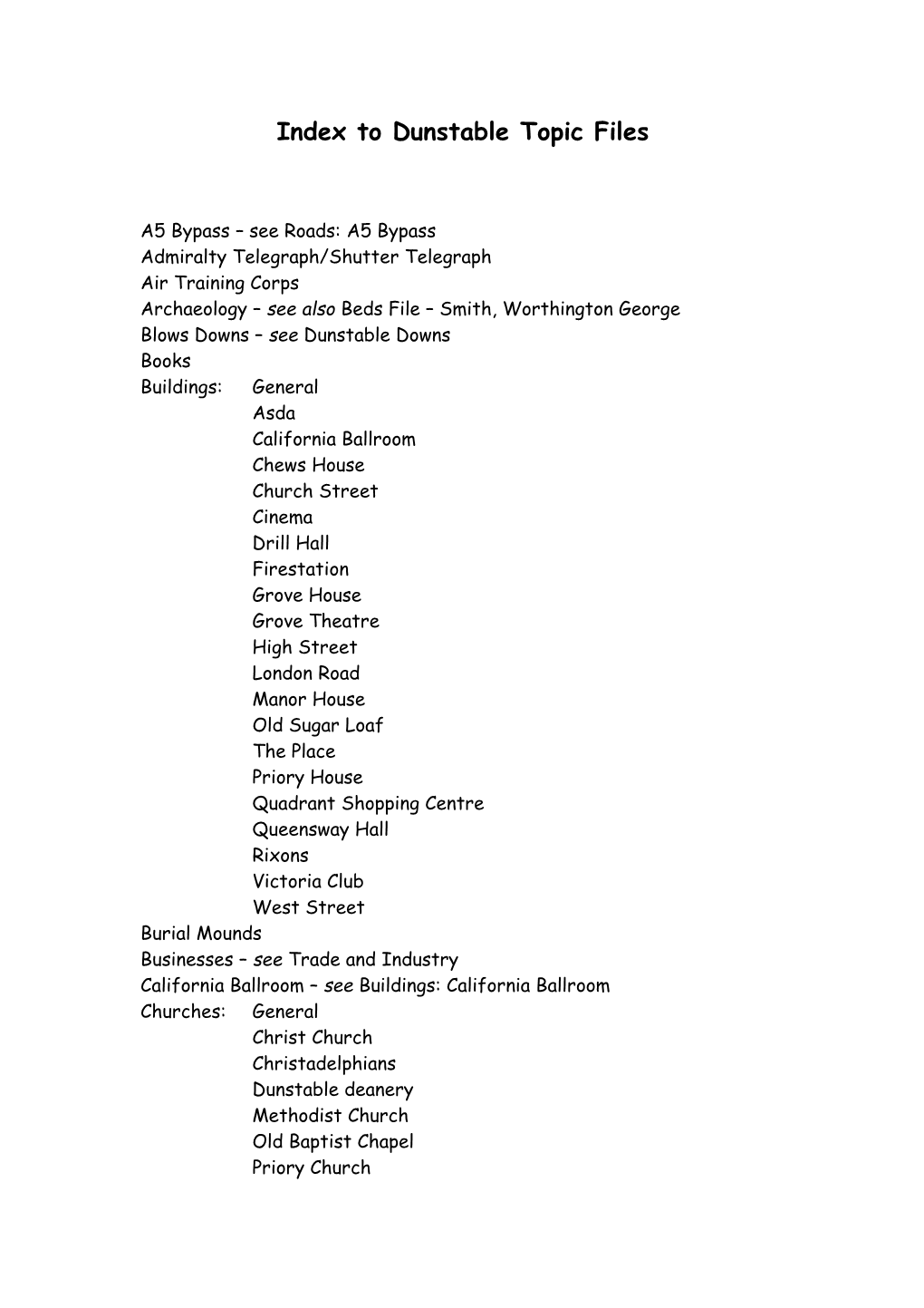 Index to Dunstable Topic Files