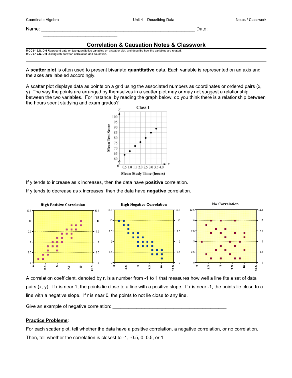 Correlation & Causation Notes & Classwork