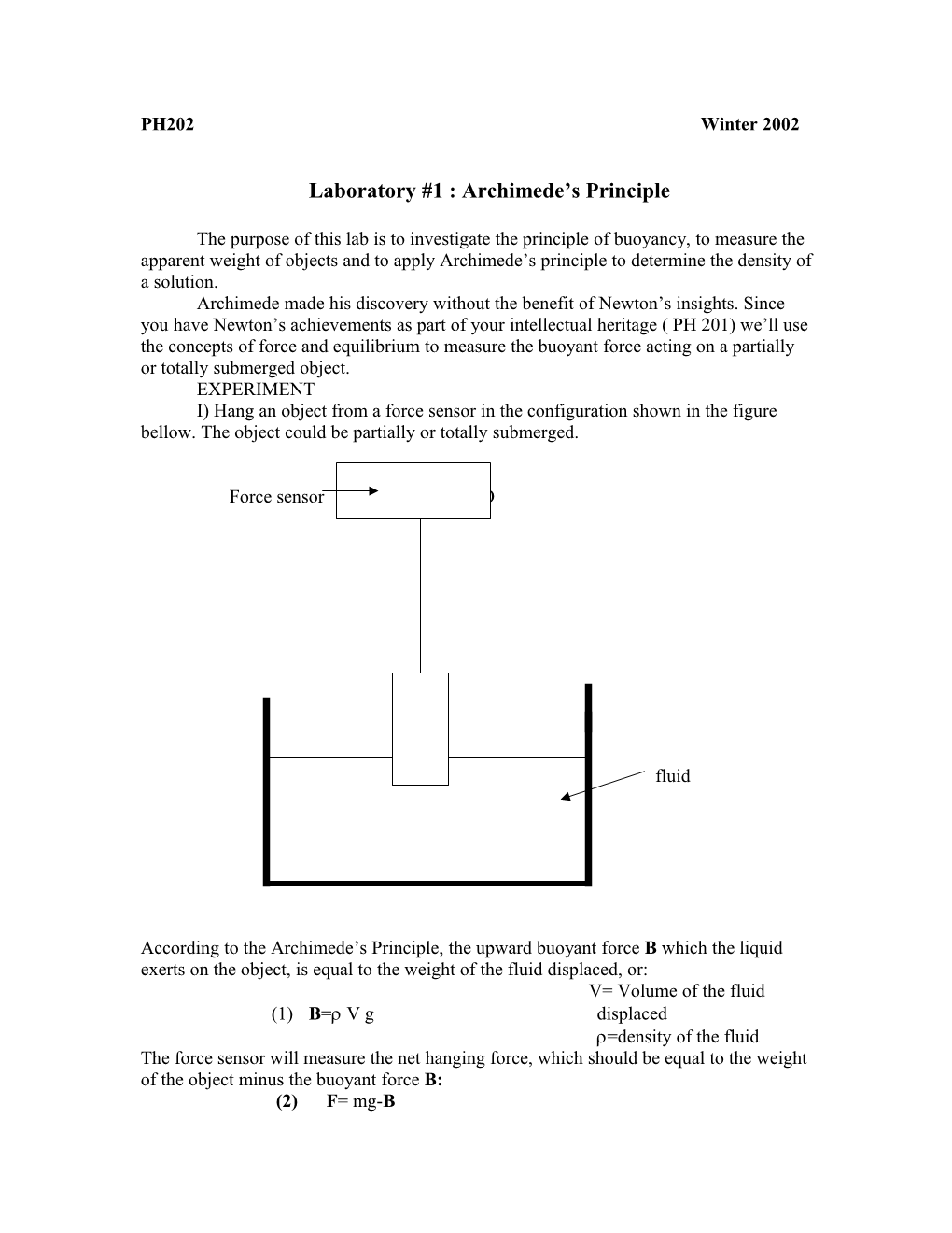 Laboratory #1 : Archimede S Principle