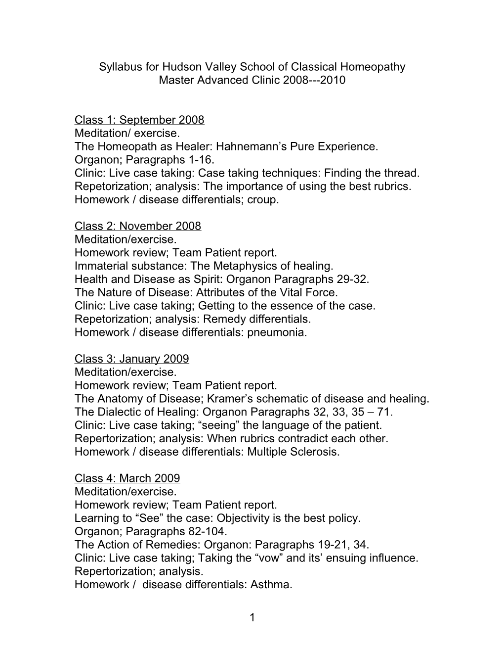 Syllabus for Hudson Valley School of Classical Homeopathy