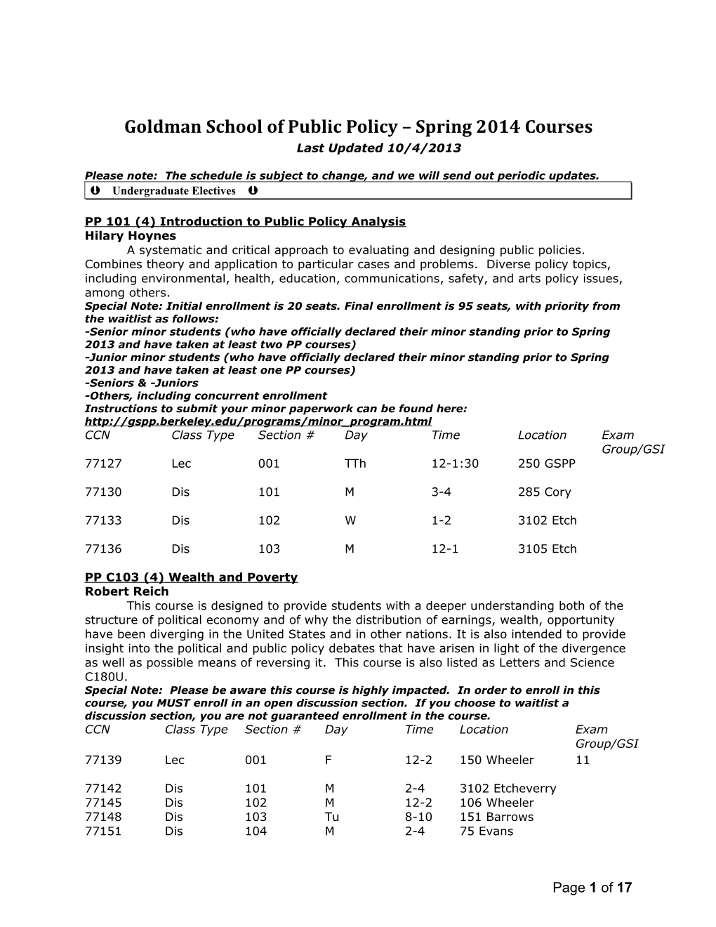 Goldman School of Public Policy - Spring 2008 Courses
