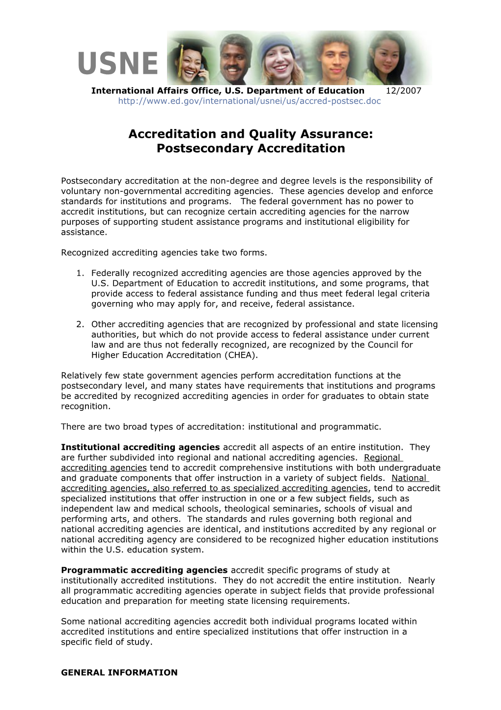 Accreditation and Quality Assurance: Postsecondary Accreditation (MS Word)