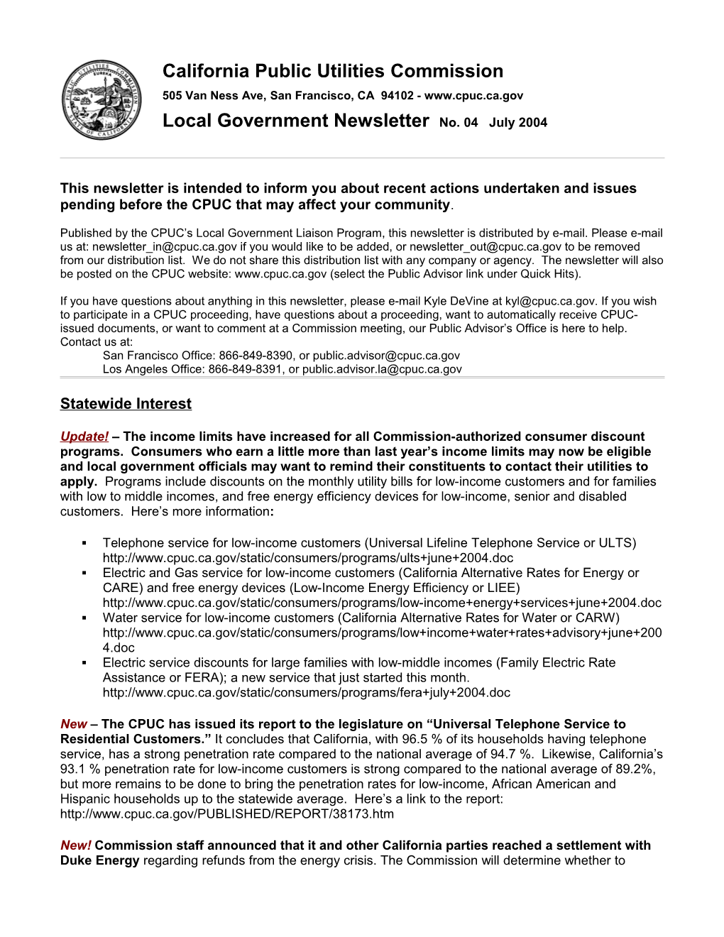 Published by the CPUC S Local Government Liaison Program, This Newsletter Is Distributed