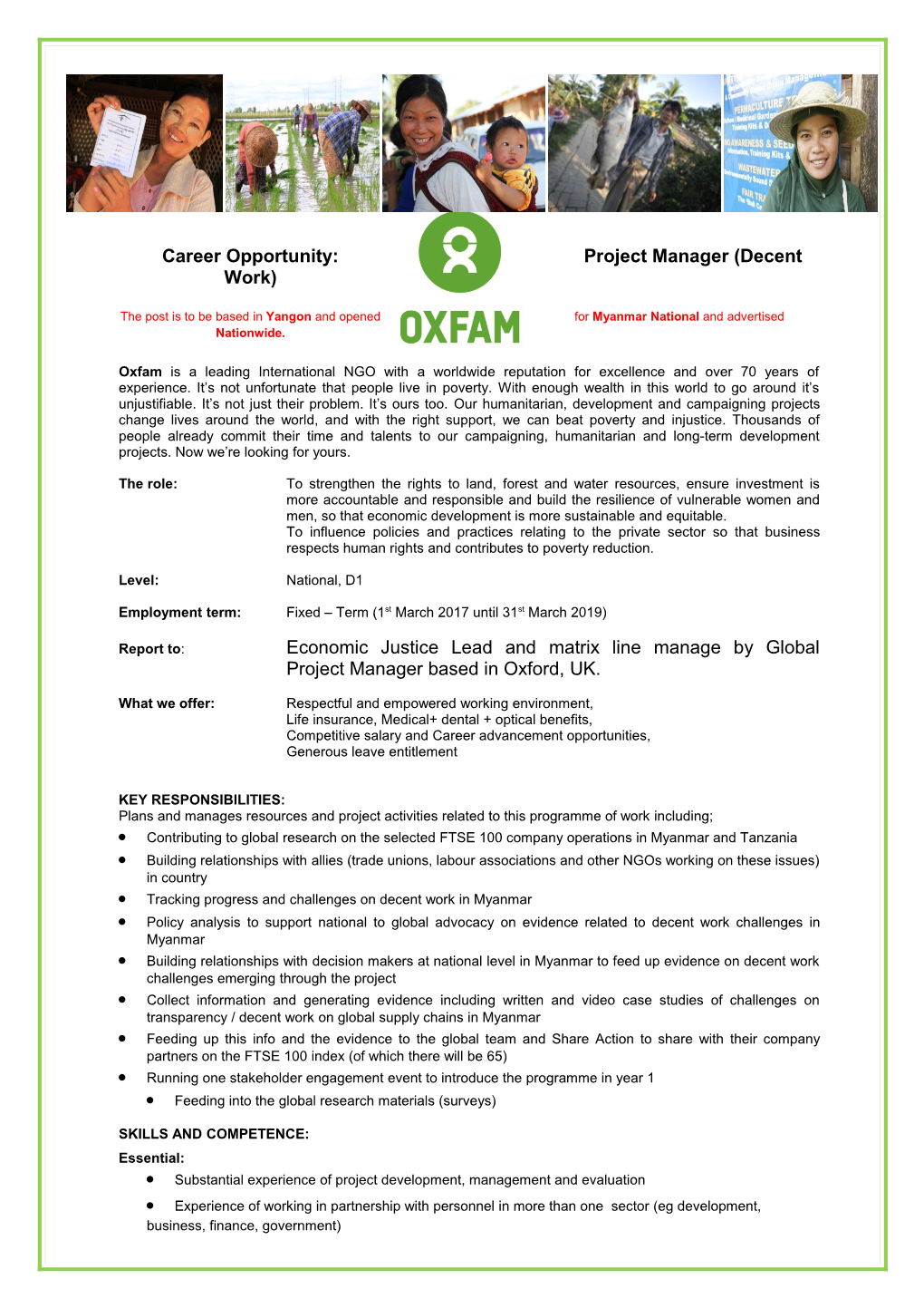 Career Opportunity:Project Manager (Decent Work)