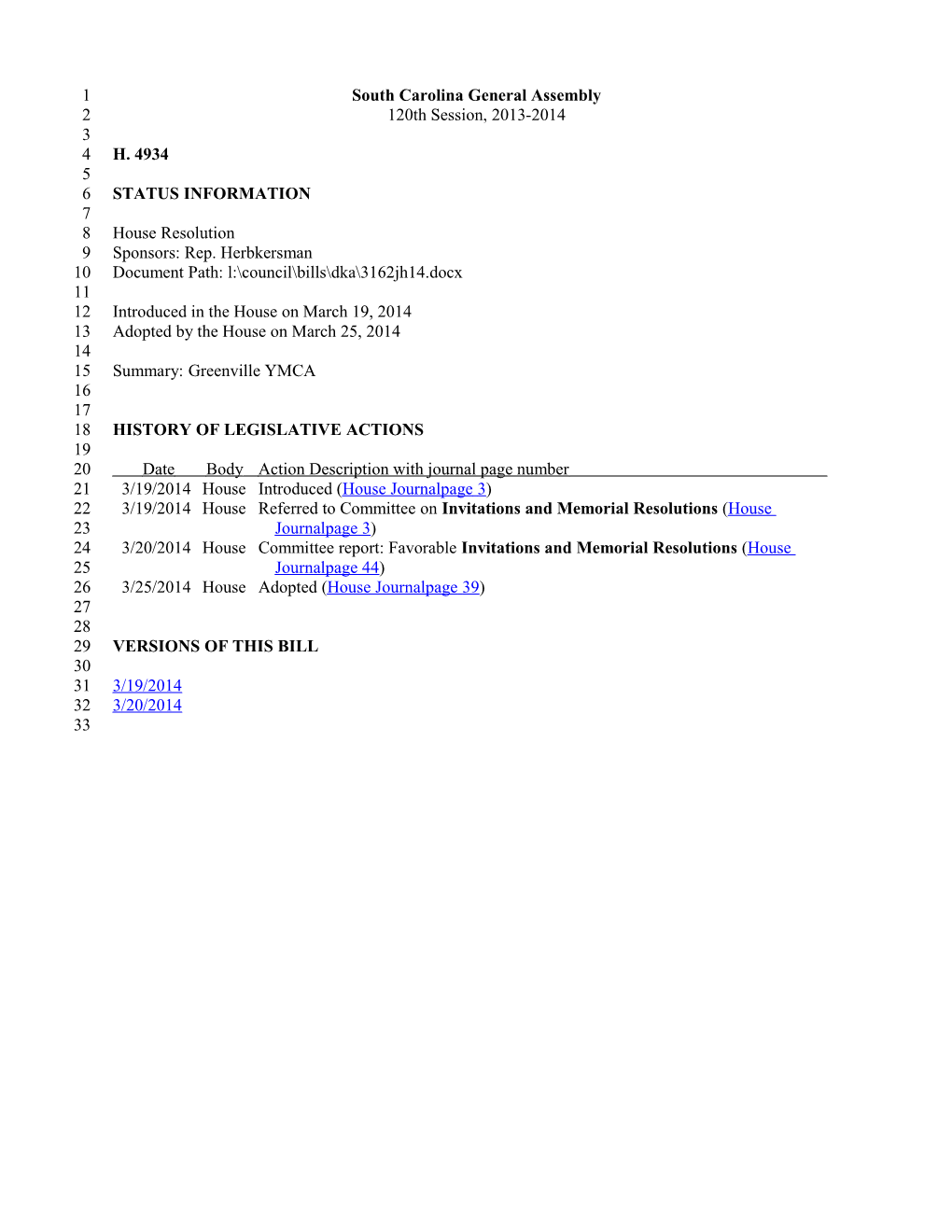 2013-2014 Bill 4934: Greenville YMCA - South Carolina Legislature Online