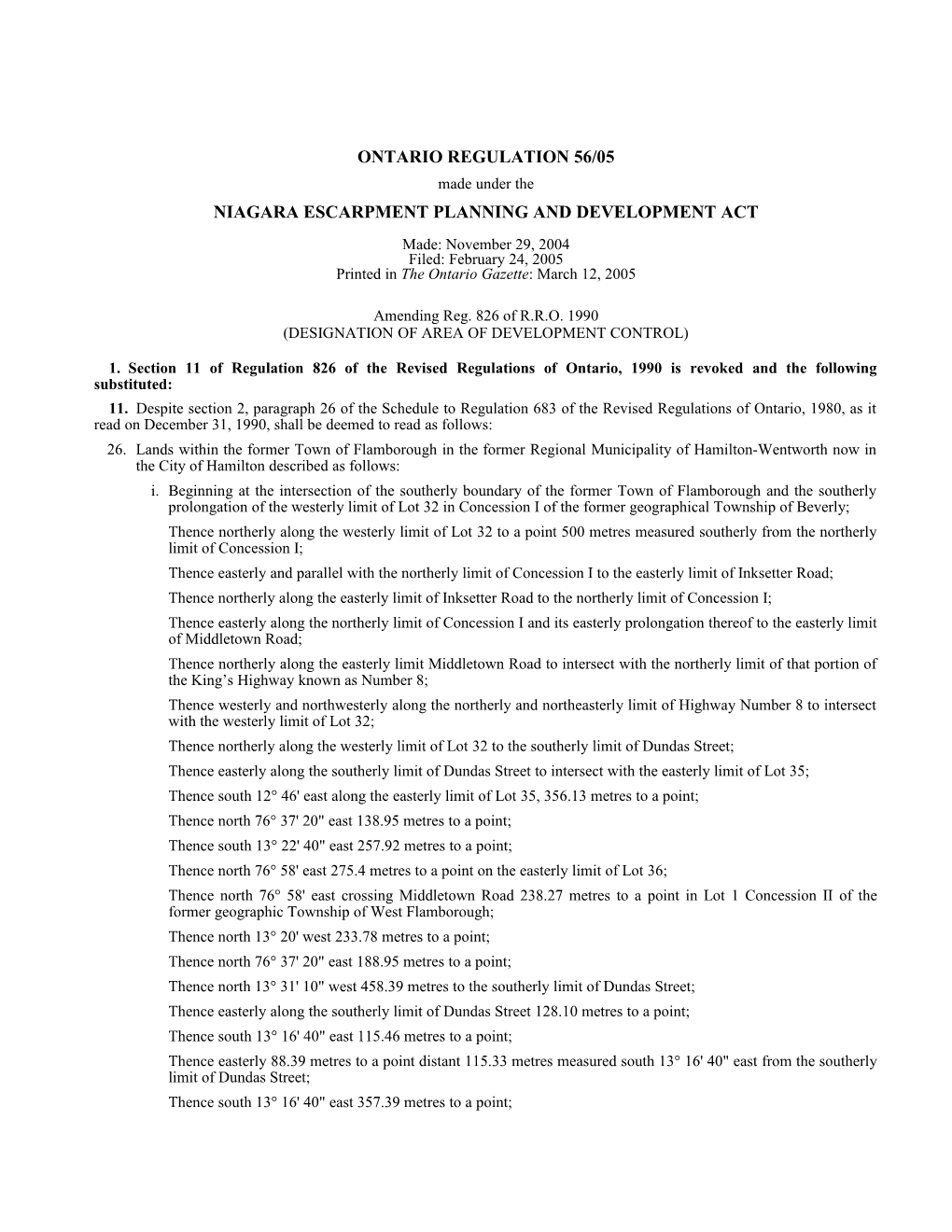 NIAGARA ESCARPMENT PLANNING and DEVELOPMENT ACT - O. Reg. 56/05